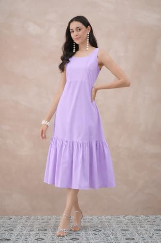 GulaboSitabo Women’s Pure Cotton Corset Dress | Sleeveless, Scoop Neck, Fitted Waist, Gathered Hem, Calf Length | Stylish Trendy Summer Western Dress for Women | Party Holiday Lavender