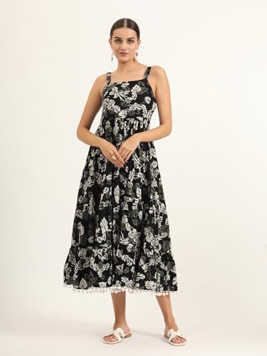 Divena Black Floral Print Pure Cotton Fit & Flare Dress