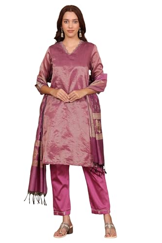W for Woman Purple Chanderi Lurex Stripe Embroidered Kurta, Pants ad Dupatta Set (Size: XL)-24FEWS19932-313446