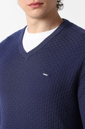 Men Navy Textured V Neck Sweater