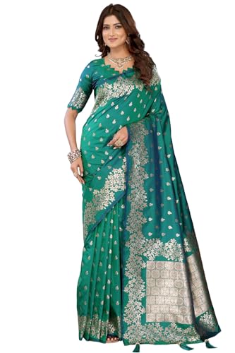 SGF11 Women's Kanjivaram Pure Soft Silk Saree With Unstitched Blouse Piece (Rama Green)