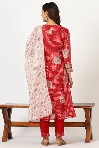 W for Woman Red Bandhej Dot Printed Flared Kurta with Embroidery, Straight Pants and Dupatta Set (Size: XL)-24AUWS11729-124798