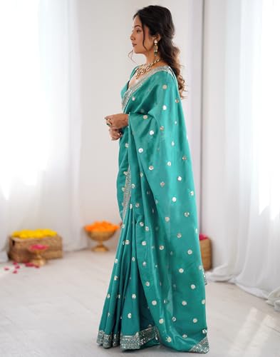 SIRIL Women's Silk Sequence Embroidery Lace Saree With Sequence Embroidery Unstitched Blouse Piece(4865S213_Teal Green)