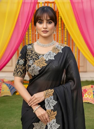 Glory Sarees Women’s Satin Chiffon Embroidery Work Saree With Blouse Piece (JR644_Black)