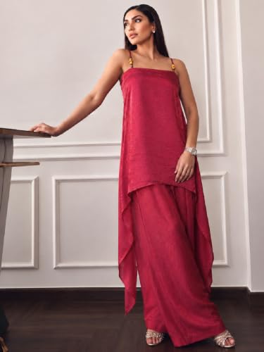 Varanga Women Maroon A Line Kurta Palazzos Set Square Neck Sleeveless