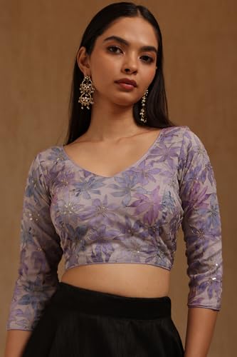 Soch Womens Lavender Organza Floral Print Padded Blouse with Zari