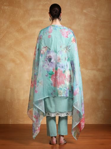Varanga Women Thread Embroidered Kurta With Trouser & Floral Printed Dupatta
