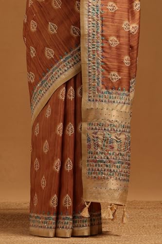 Soch Womens Gold Tussar Botanical Saree With Thread Work