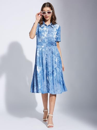 Latin Quarters Women Blue Collar Neck Half Sleeve Printed Shirt Dress_M