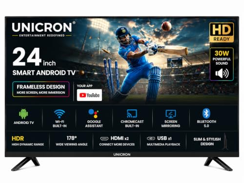 UNICRON 24”INCH Frameless HD Ready Android Smart LED TV | WiFi Enabled | Built-in Apps Compatible (YouTube, Netflix, Prime Video) | Screencast | HDMI, USB Connectivity | Black Screen