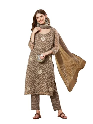 Divena Brown Kota Doria Round Neck Kurta Set with Dupatta