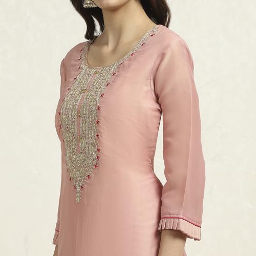 BIBA Women's Pink Tissue Machine Embroidered Unstitched Suit Set