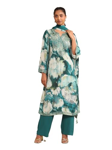 Ritu Kumar Teal Embroidered Kurta With Pant And Dupatta