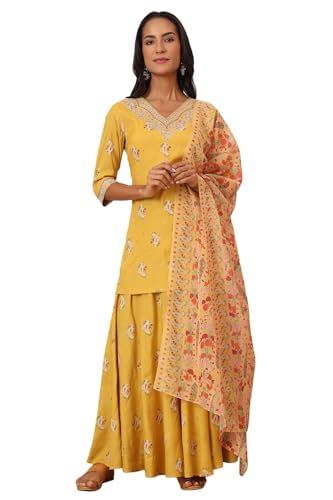 W for Woman Mustard Yellow Printed Short Shantung Kurti, Culottes and Dupatta Set (Size: XS)-WS12644-125062
