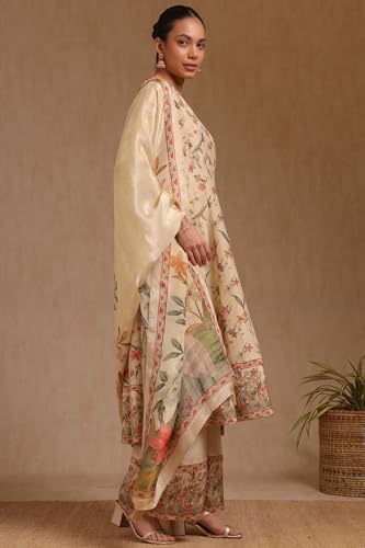 Soch Womens Beige Tissue Floral Print Suit Set With Cutdana