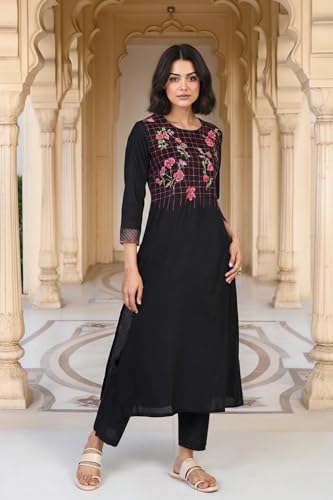 W for Woman Floral Embroidered Straight Woven Kurta with Pant and Dupatta Set - Black (WS12972-223738-XL)