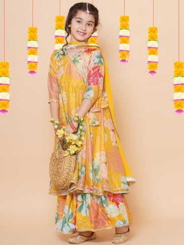 Bitiya By Bhama Girls Yellow Multi Floral Printed Angrakha Gotta Patti Kurta & Sharara set With Dupatta(TKS136)
