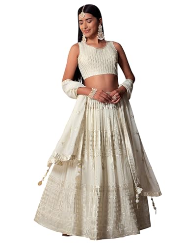 Zeel Clothing Women's Sequins Thread Embroidered Georgette Semi Stitched Lehenga Choli With Dupatta (5115-White-Wedding-Stylish-Latest; Free Size)