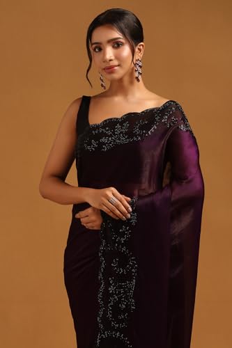 Soch Womens Purple Fendy Organza Saree With Stone Work