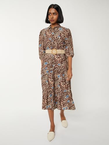 Max Women Printed Tiered Dress with Belt(Brown_M)
