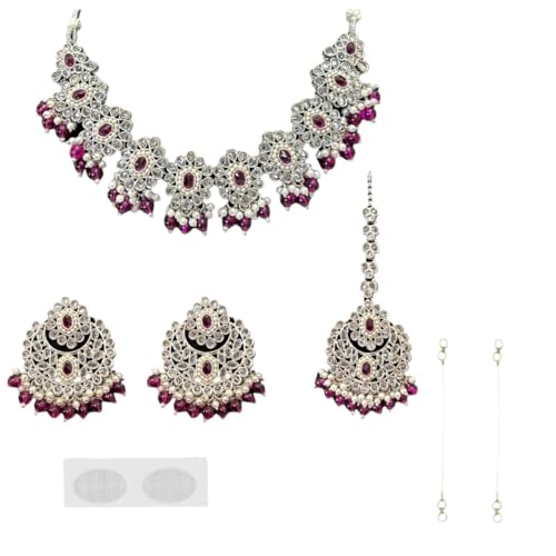 ACCESSHER Pink Silver-Tone AD Stone Studded Necklace With Earring Jewellery Set with a Pair of Transparent Flexible Earring Strand & Maangtikka Supporter | For Women & Girls