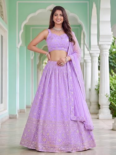 Zeel Clothing Women's Zari and Sequins Embroidered Georgette Lehenga Choli With Dupatta (5058-Lavender-Women-Latest-Lehenga-Choli, Free size)