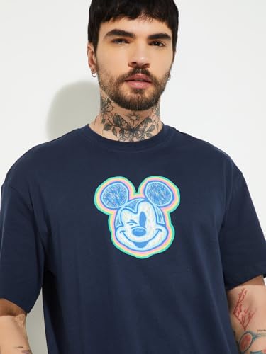 Max URB_N Men Mickey Mouse Print Oversized T-Shirt(Blue_XL)