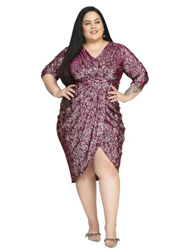 wild U Women Plus Size Cocktail Dress | Wrap | Pleated | Stretchable | Western Stylish - Wine Silver - 7XL