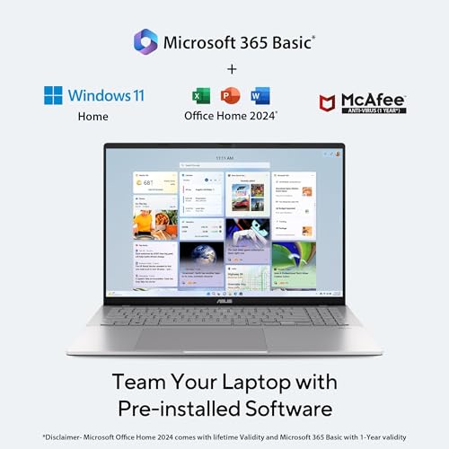 ASUS Vivobook S16,14th Gen, Intel Core 5-210H,Metallic Design Laptop(Intel UHD iGPU/16GB RAM/512GB SSD/FHD+/16"/144Hz/Windows 11/M365 Basic(1Year)*/Office Home 2024/Silver/1.7Kg) S3607VA-RP114WS