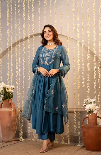 VARNI FABRICS: A lady's First Love Women's Chanderi Silk Embroidered Anarkali Kurta With Pant And Dupatta Set,Ethnic Wear (IN, Alpha, M, Regular, Blue)