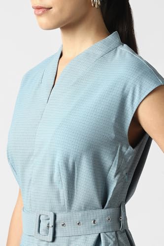 Women Light Blue Check Knee Length Formal Dress