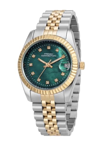 French Connection | Green MOP Dial | Dated Display | Gold Two Tone Stainless Steel Bracelet Strap | Quartz Watch for Women - FCND4NTM