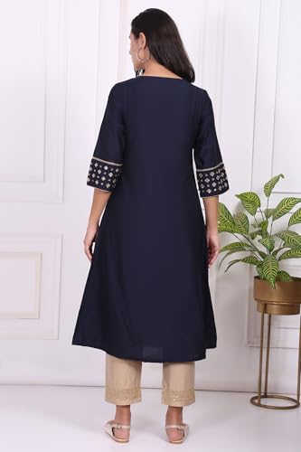 W for Woman Navy Blue Embroidered Straight Kurta - (W11970-222877-XS)