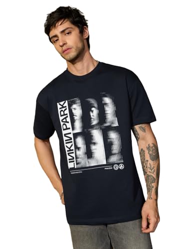 The Souled Store Linkin Park: The Band Men and Boys Short Sleeves Round Neck Black Graphic Printed Casual Lightweight Drop Shoulder Streetwear Trendy Oversized T-Shirt