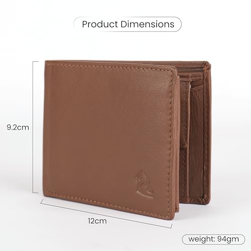 KARA Tan Men's Genuine Leather Wallet – Bifold, 2 Cash Compartments, Coin Pocket, 10+ Card Slots, Hidden & Transparent Flip Sections