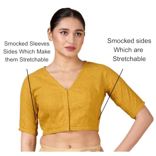 Studio Shringaar Women's Madras Handloom Cotton Side Stretchable (Smocked) Readymade Saree Blouse (Yellow, 46)