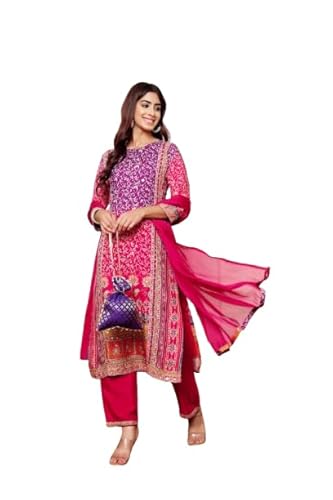 Varanga Women Purple And Pink Thread And Gotta Work Straight Kurta With Trousers And Dupatta