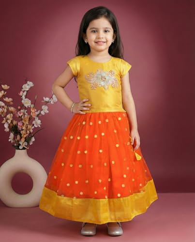 Stanwells Kids Girls Lehenga Choli Ruffle Pattern Dress Half Sleeves Readymade Hand Sequins Embroidery Ethnic Traditional Full Length South Indian Girl Lehnga Choli(Orange)(5-6 Years)