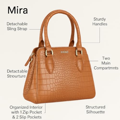 eske Mira Vegan Leather Handbag, Animal Print Pattern, Dual Compartment, Detachable Sling Strap (Tan)