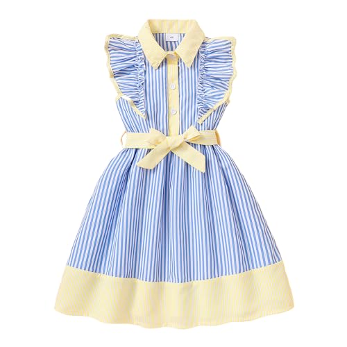 Hopscotch Girls Ruffled Sleeves Blue Stripped Casual Dress (4-5 Years)
