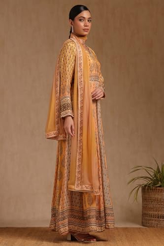 Soch Womens Mustard Viscose Botanical Print Gown with Sequins