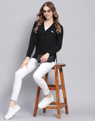 Monte Carlo Black Solid V Neck Sweater |Solid Pattern with Button Closure | Full Sleeve Cardigan for Women's