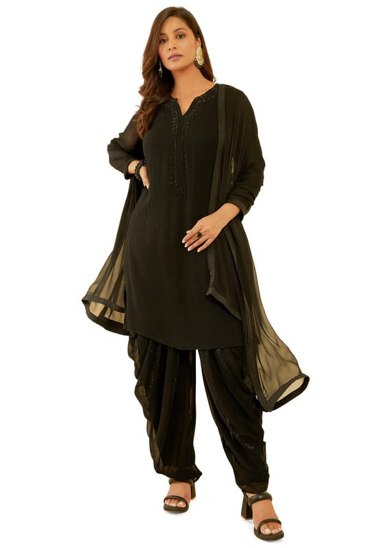 Soch Womens Black Embellished Georgette Suit Set with Dupatta