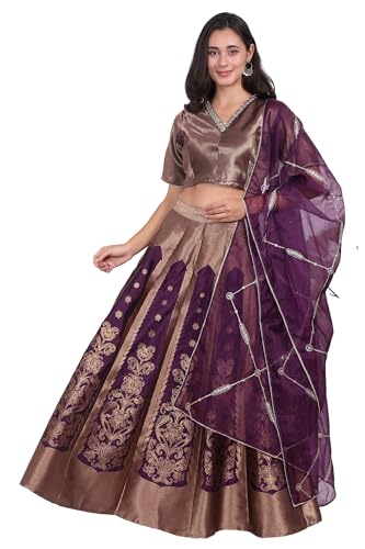 W for Woman Purple Embellished Jacquard Straight Crop Top, Skirt and Dupatta Set - (WS13240-314468-XL)