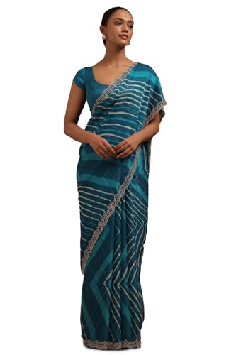 Soch Womens Teal Blue Georgette Leheriya Print Saree With Thread Work