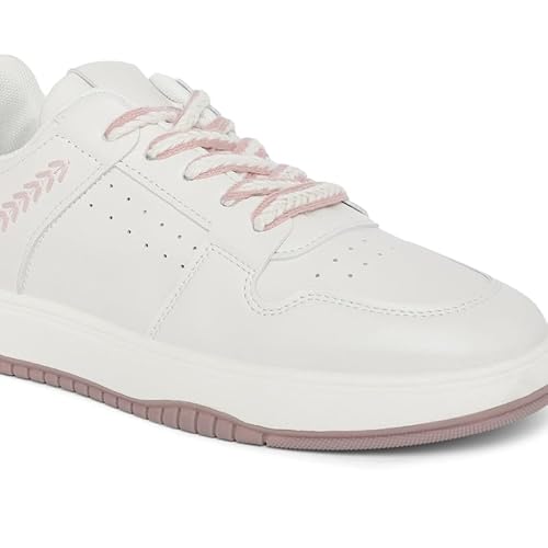 ROSEMEAD Women Casual Sneaker Shoes |Stylish and Comfortable Lace-Up Style Soft Cushioned Insole, Slip-Resistance (White-Peach) White-Peach_UK- 3