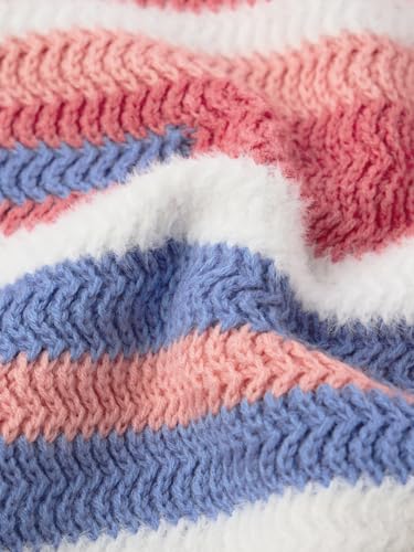 The Souled Store Textured Sweater: Heather Women and Girls Full Sleeves Round Neck Pink Blue and White Striped Acrylic Nylon Chunky Knit Casual Winter Pullover Oversized Sweater