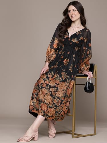 Label RITU KUMAR V Neck Full Sleeves Printed Long Dress Black