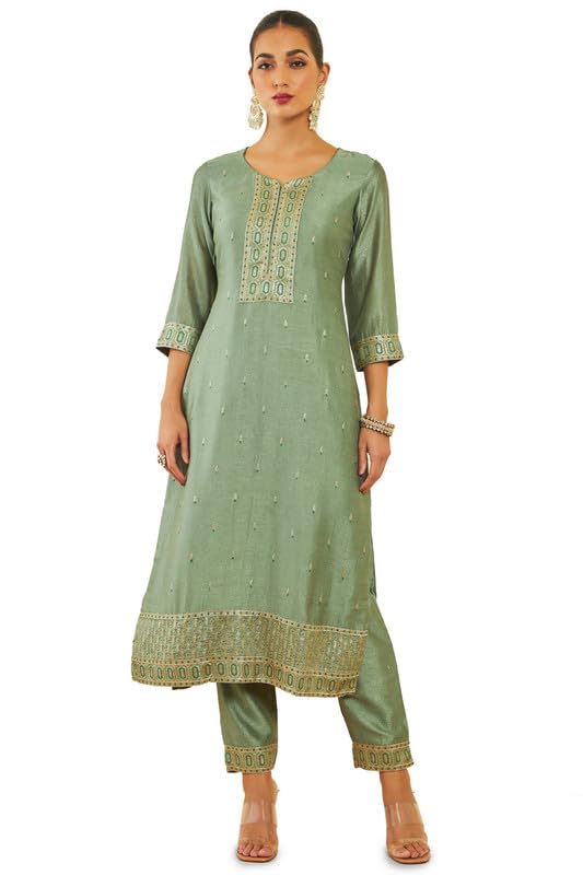 Soch Womens Sap Green Viscose Blend Suit Set With Embroidery And Sequins