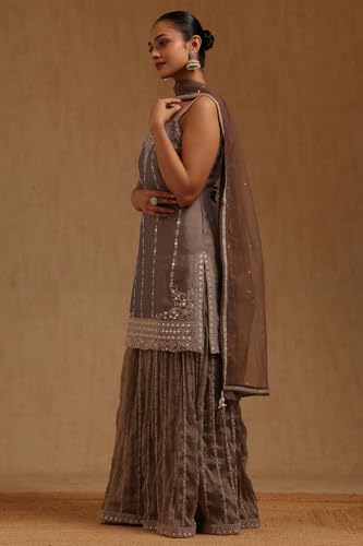 Soch Womens Grey Fendi Embroidered Suit Set With Mirror And Stone